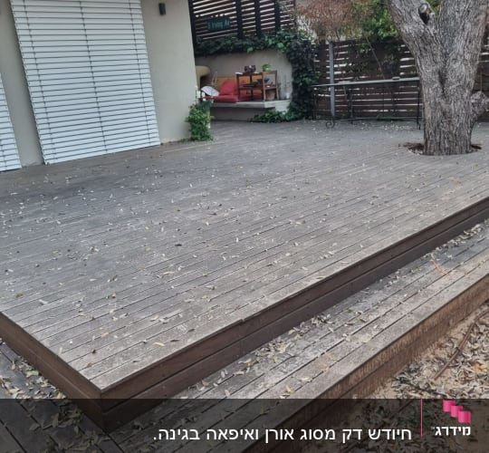 דק עץ עם עלים יבשים ועץ גדול בגינה